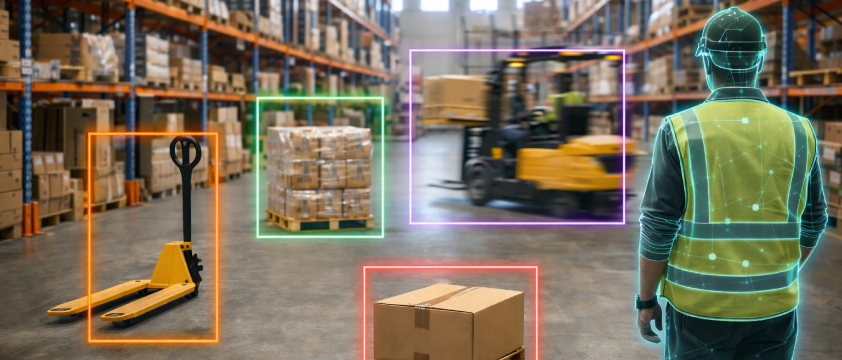 An image of a warehouse with AI detected bounding boxes drawn around objects