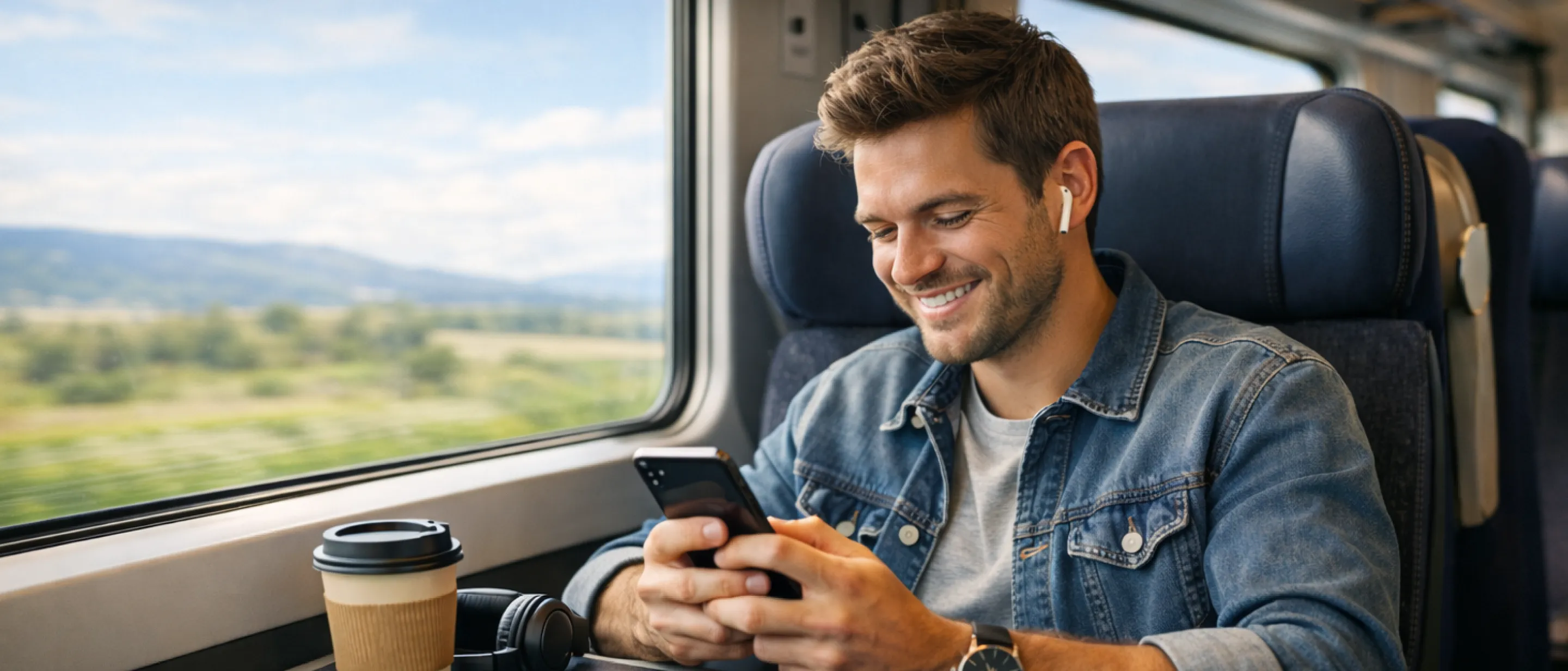 An image of a man sitting on a train looking at his mobile phone